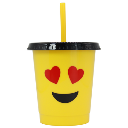 Yellow 16oz plastic cup with heart-eye emoji, black lid, and yellow straw.