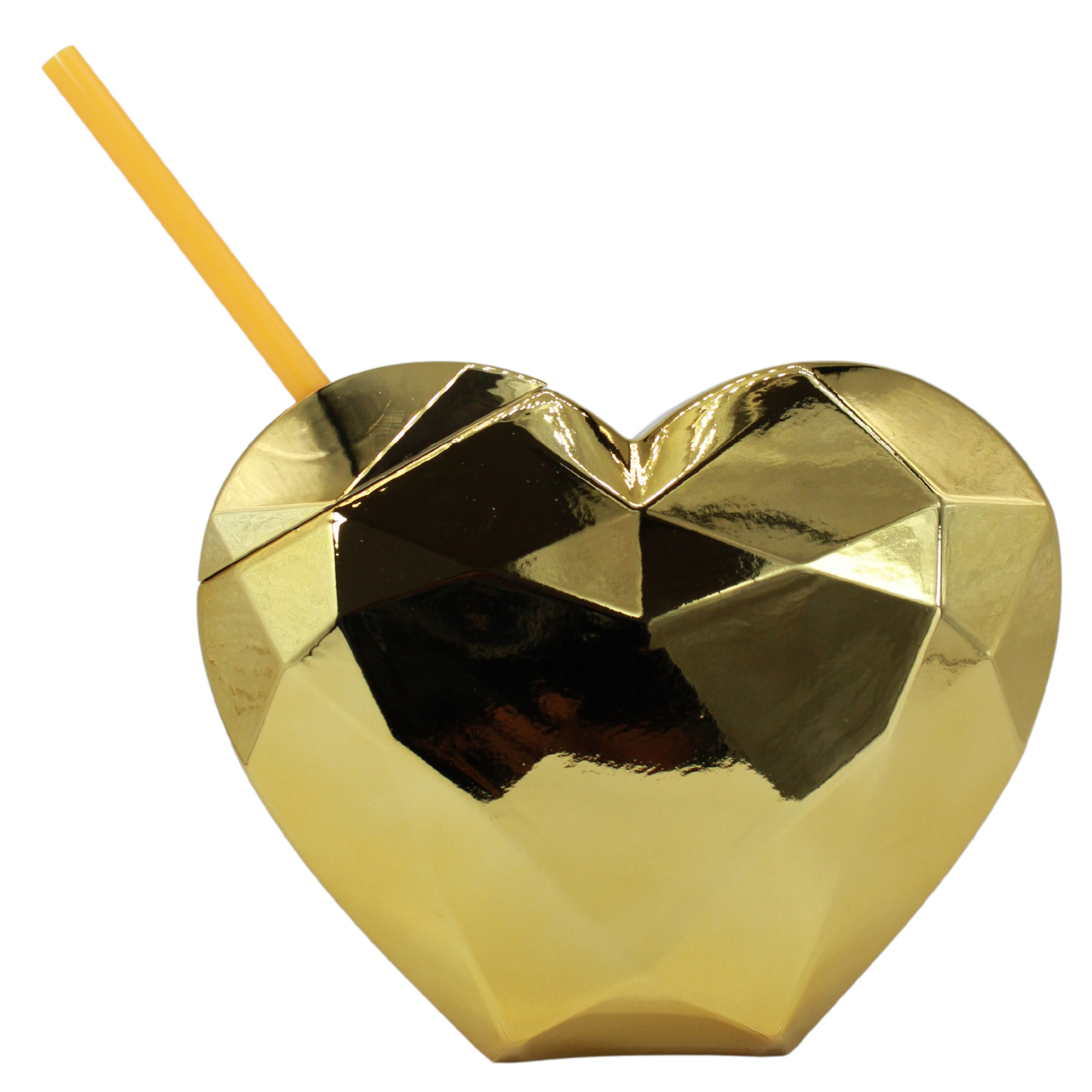 Gold metallic heart-shaped cup with faceted surface, lid, and yellow straw.