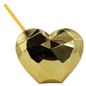 Gold metallic heart-shaped cup with faceted surface, lid, and yellow straw.