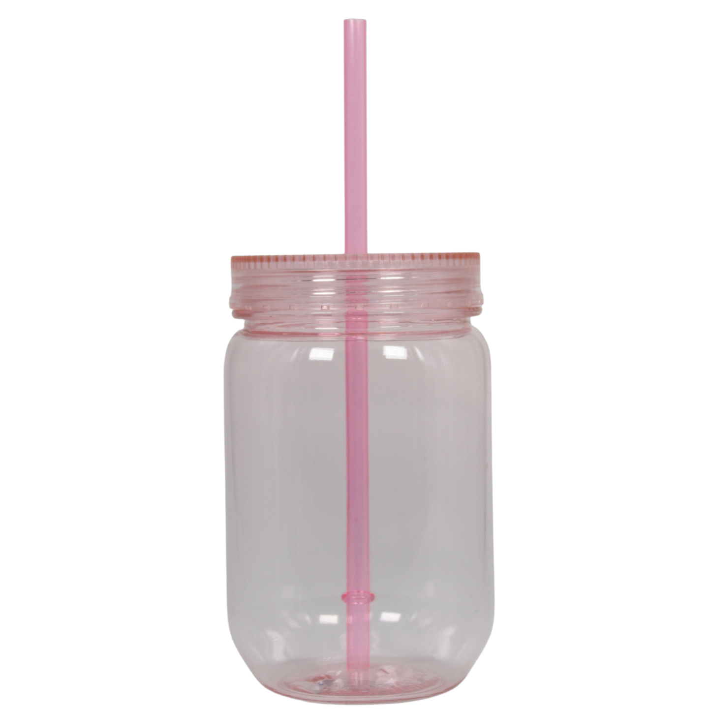 Clear 20oz acrylic mason jar with pink lid and matching reusable straw.