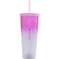 Tall pink and white gradient acrylic tumbler with diamond texture, double wall, lid, and straw.