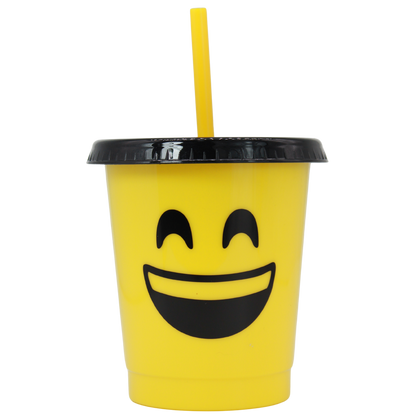 Yellow 16oz cup with smiling emoji face, black lid, and yellow straw.