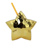 Gold metallic star-shaped cup with a yellow straw, 18oz capacity, festive design.