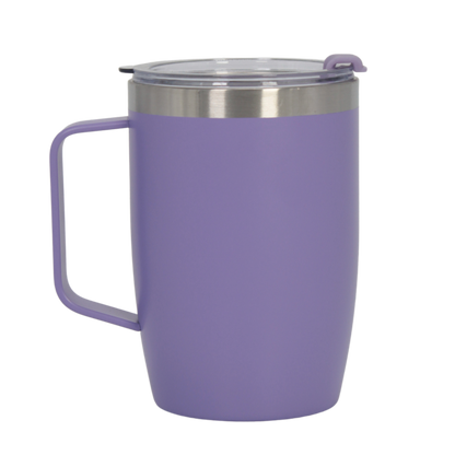 Lavender stainless steel thermal mug with handle and clear lid, matte finish.