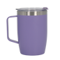 Lavender stainless steel thermal mug with handle and clear lid, matte finish.