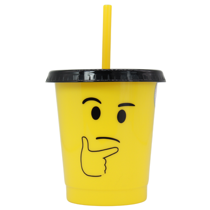 Yellow 16oz cup with black thinking face emoji, black lid, and yellow straw.