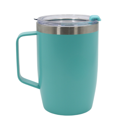 Matte turquoise stainless steel thermal mug with handle and clear lid, sip spout included.