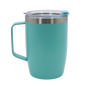 Matte turquoise stainless steel thermal mug with handle and clear lid, sip spout included.