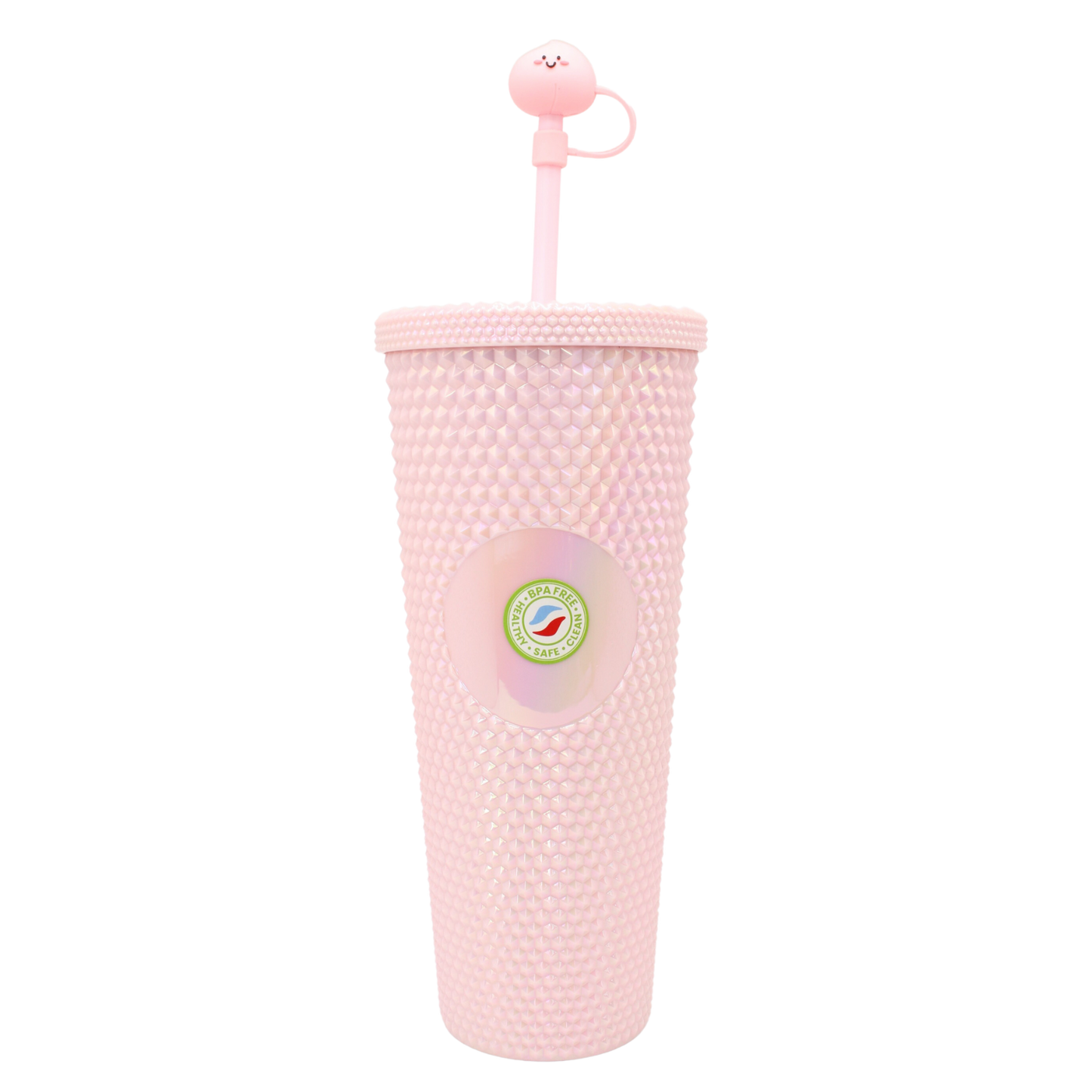 Tall pink double-walled acrylic tumbler with diamond texture and a heart-shaped straw topper.