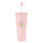 Tall pink double-walled acrylic tumbler with diamond texture and a heart-shaped straw topper.
