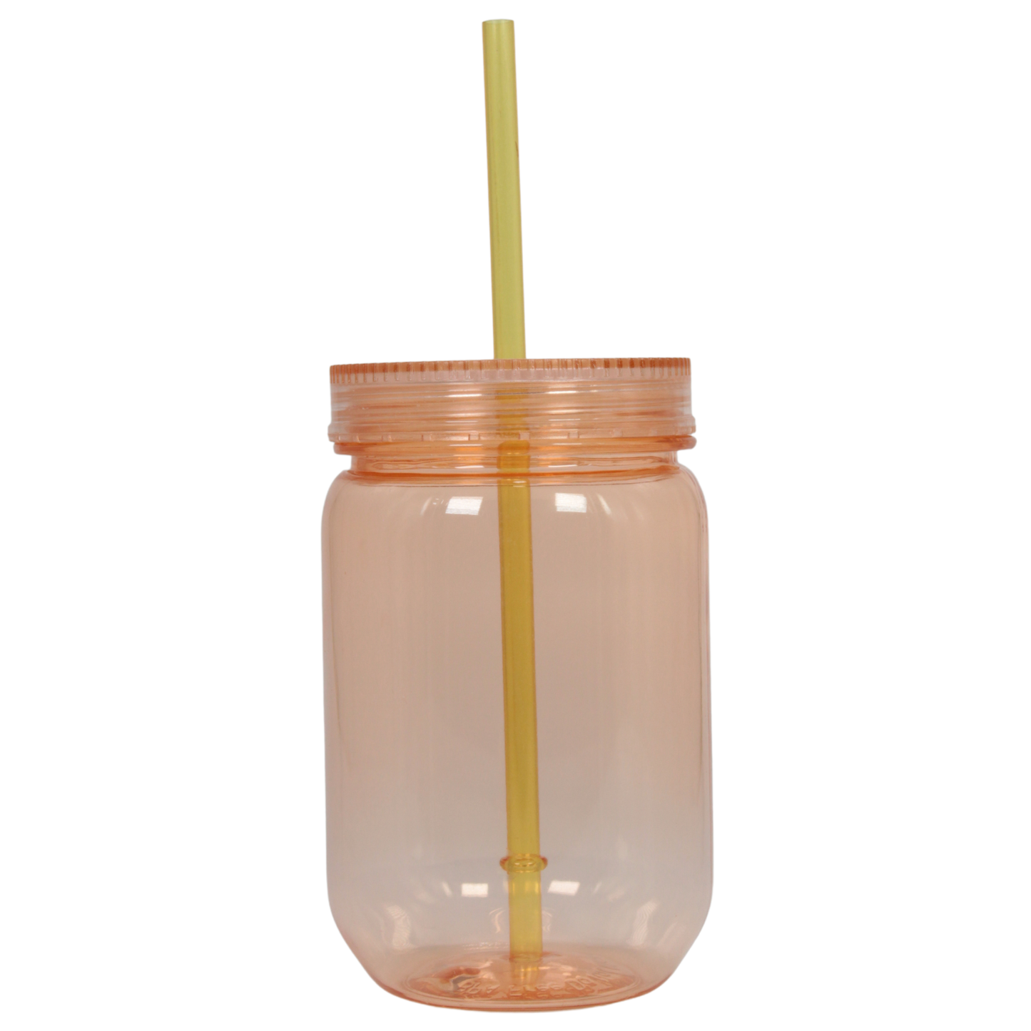 Translucent peach acrylic Mason jar cup with matching lid and yellow straw, 20oz capacity.