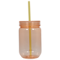 Translucent peach acrylic Mason jar cup with matching lid and yellow straw, 20oz capacity.