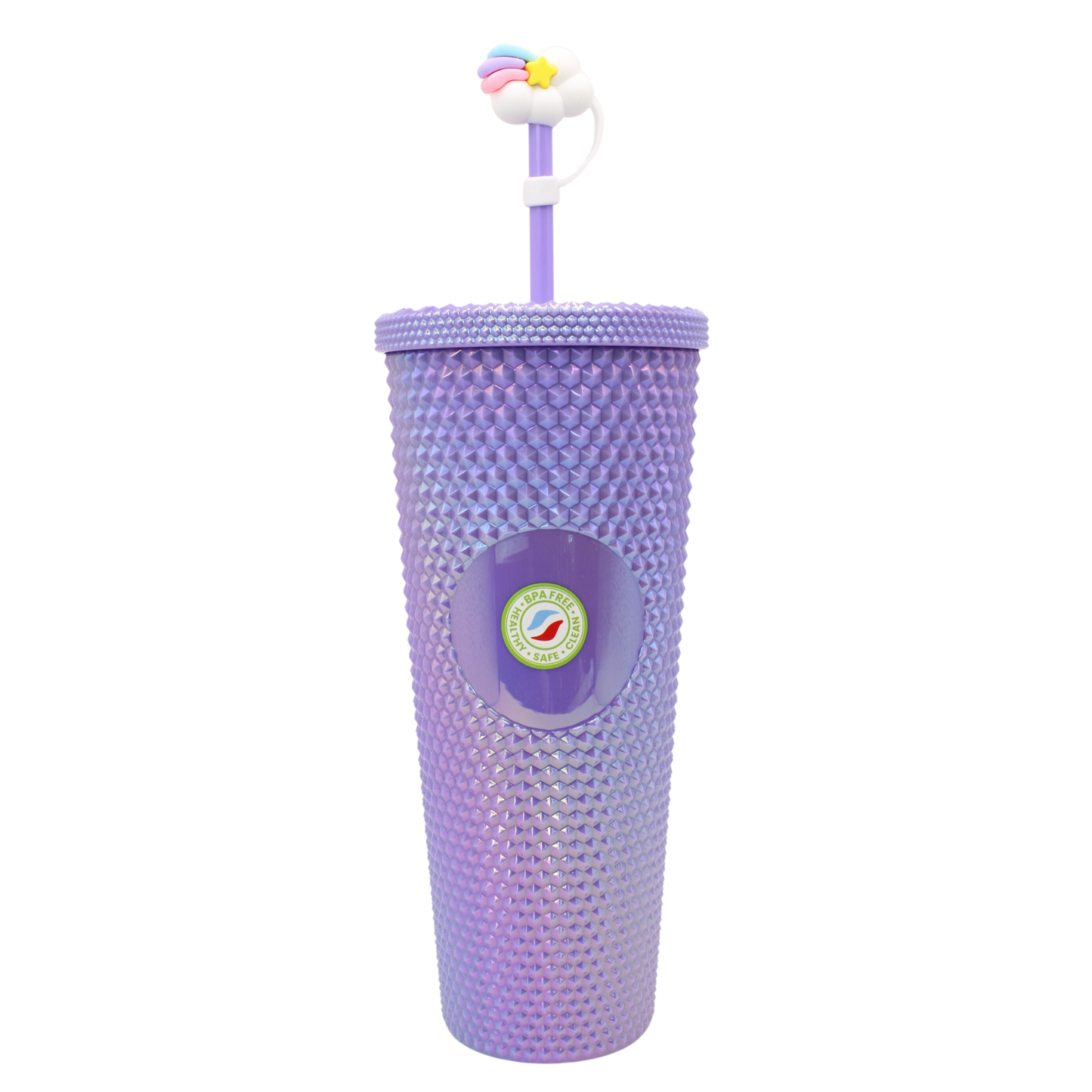 Purple textured double-wall acrylic tumbler with lid and whimsical unicorn straw topper.