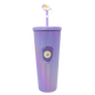 Purple textured double-wall acrylic tumbler with lid and whimsical unicorn straw topper.