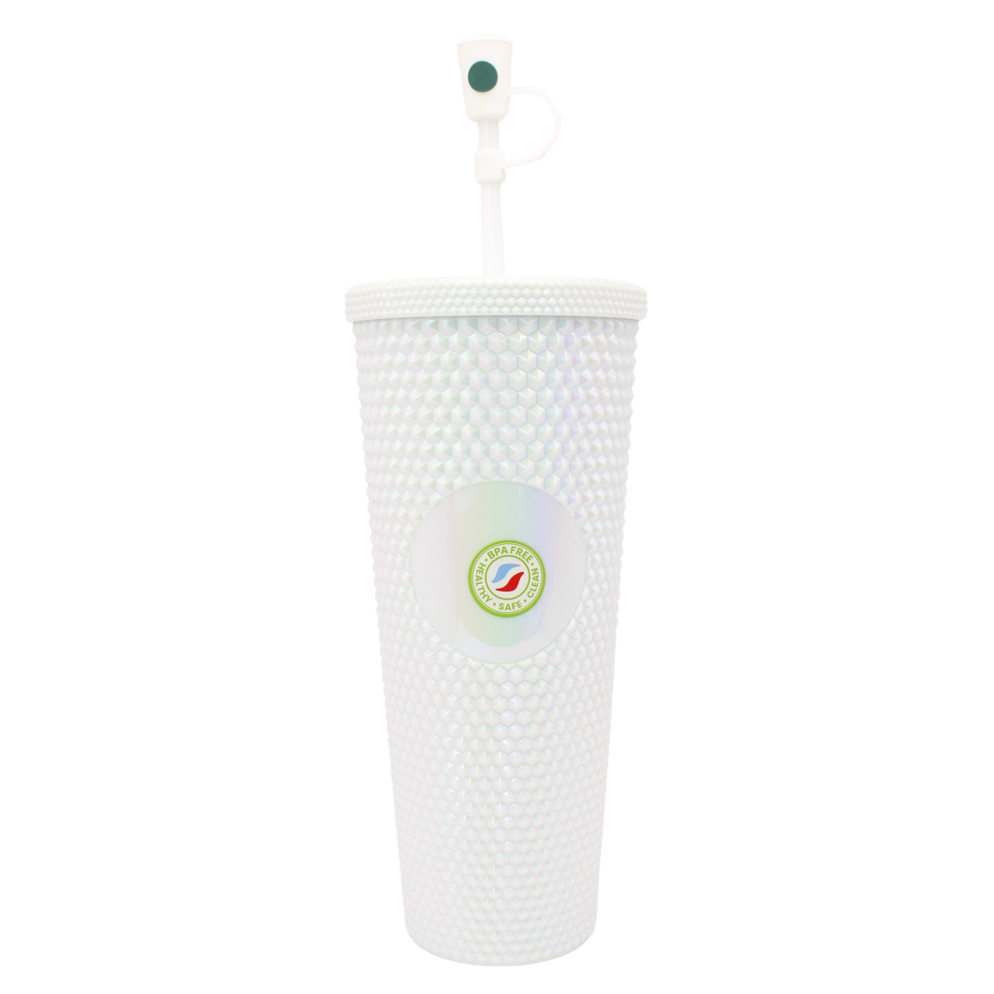 Tall white acrylic tumbler with diamond texture, double wall insulation, lid, and straw loop.