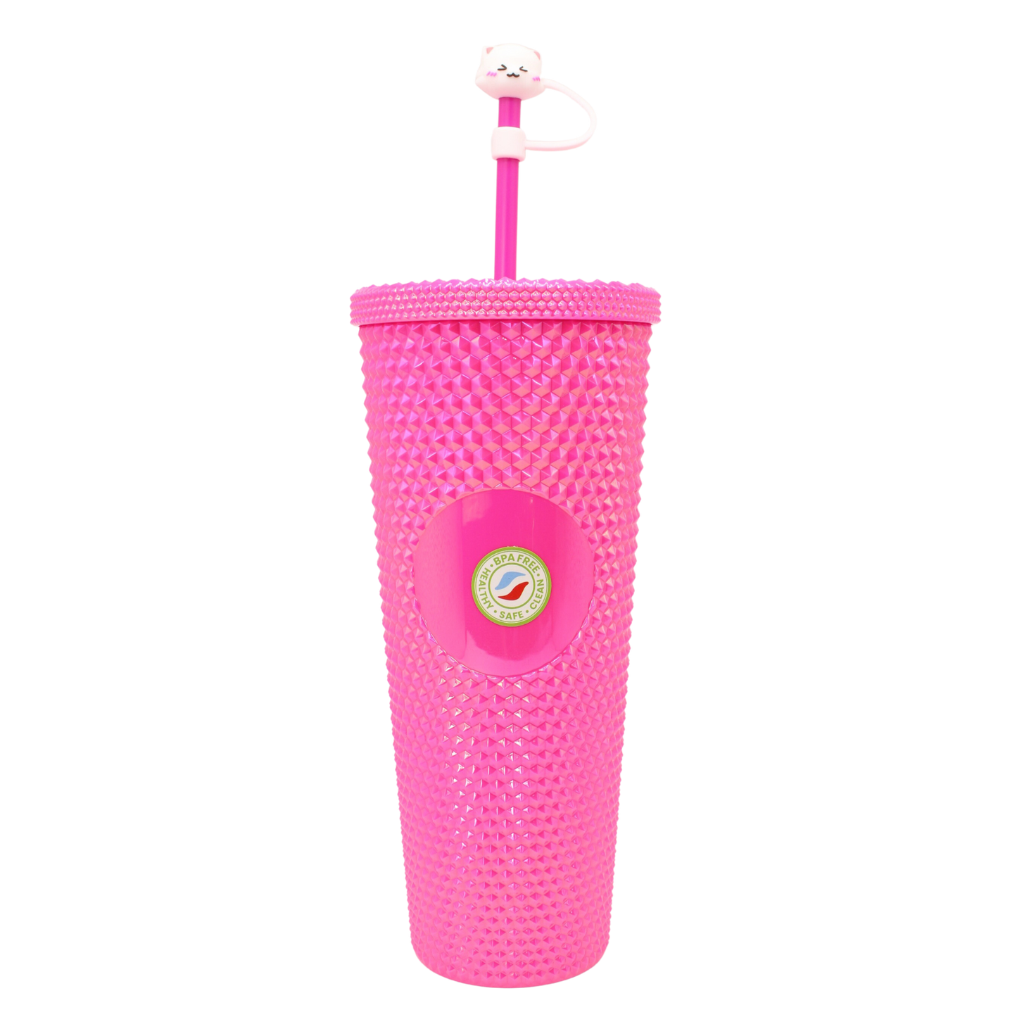 Bright pink double-walled acrylic tumbler with textured diamond pattern, matching lid, and straw with decorative charm.