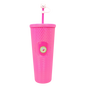 Bright pink double-walled acrylic tumbler with textured diamond pattern, matching lid, and straw with decorative charm.