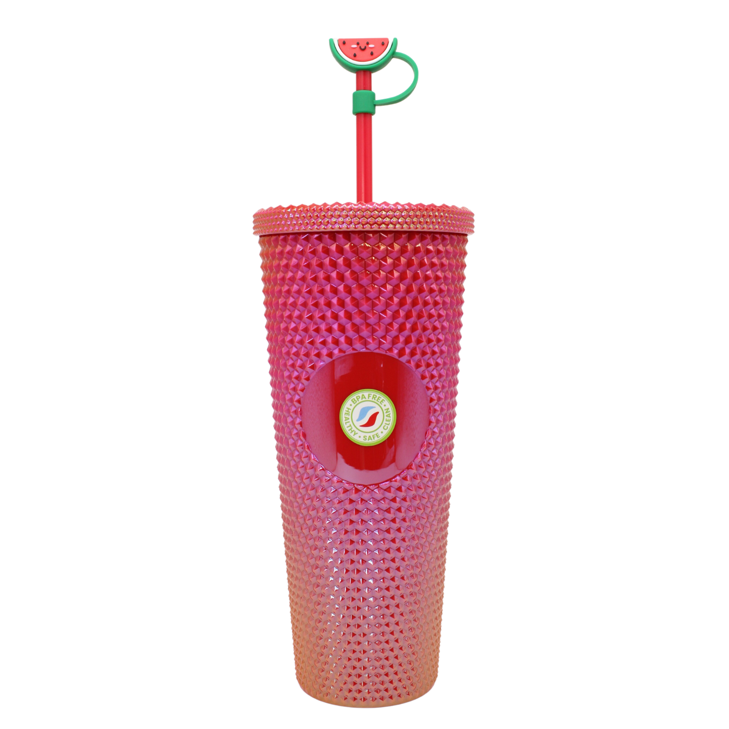 Tall textured pink acrylic tumbler with diamond pattern, matching lid, and watermelon straw topper.