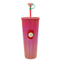 Tall textured pink acrylic tumbler with diamond pattern, matching lid, and watermelon straw topper.