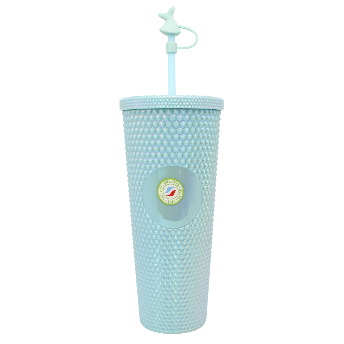 Light blue double-walled acrylic tumbler with diamond texture, lid, and straw topped with a small figure.