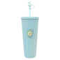 Light blue double-walled acrylic tumbler with diamond texture, lid, and straw topped with a small figure.