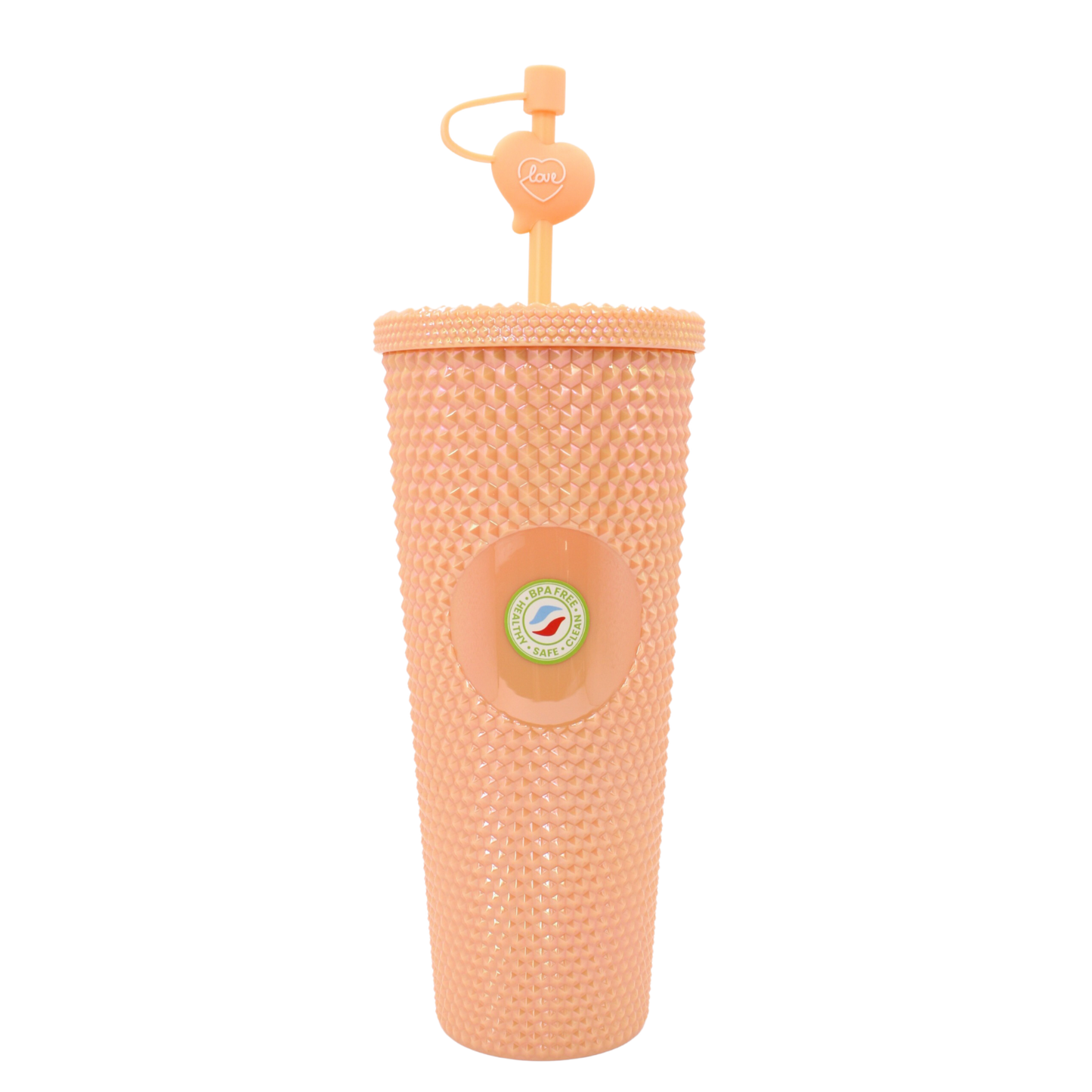 Peach-colored 27oz double-wall acrylic tumbler with textured diamond pattern and heart-shaped straw top.