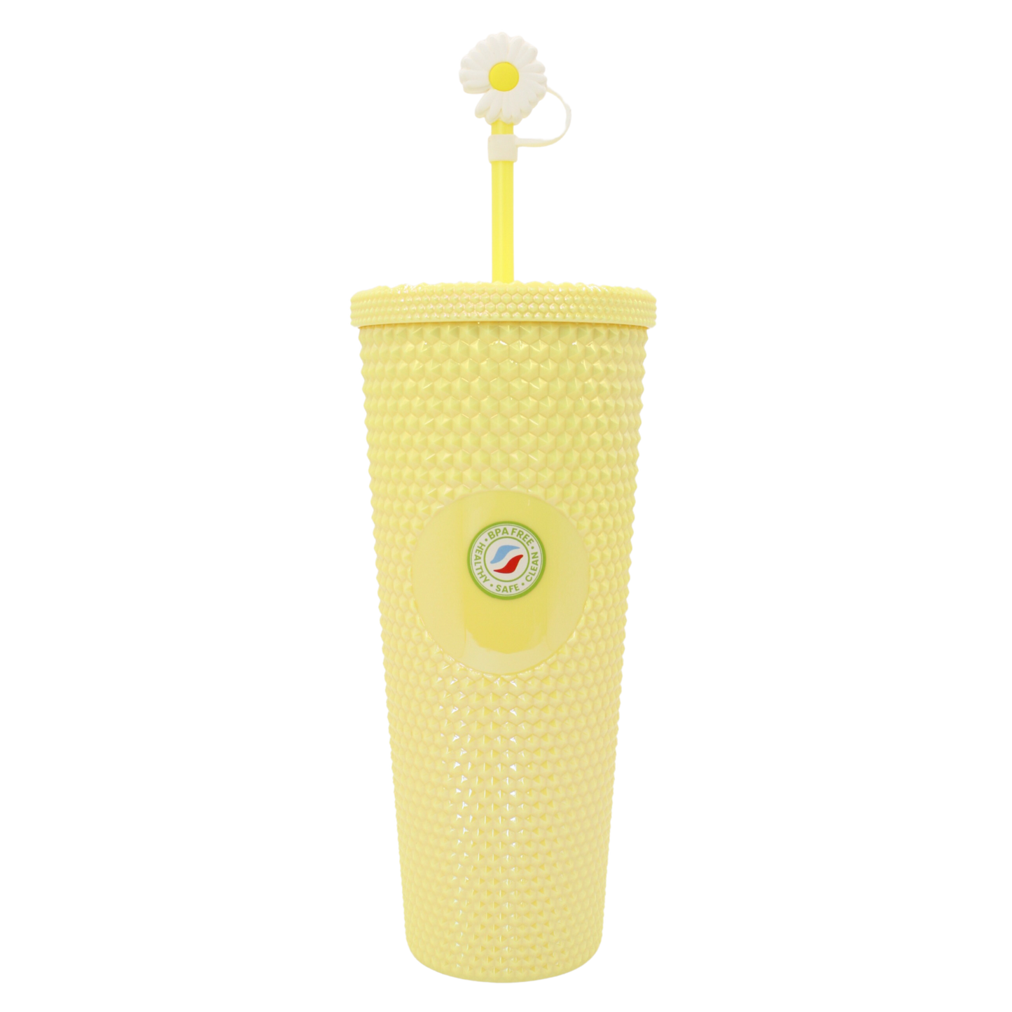 Yellow 27oz acrylic double-wall tumbler with diamond texture, daisy-topped straw, and round logo badge.