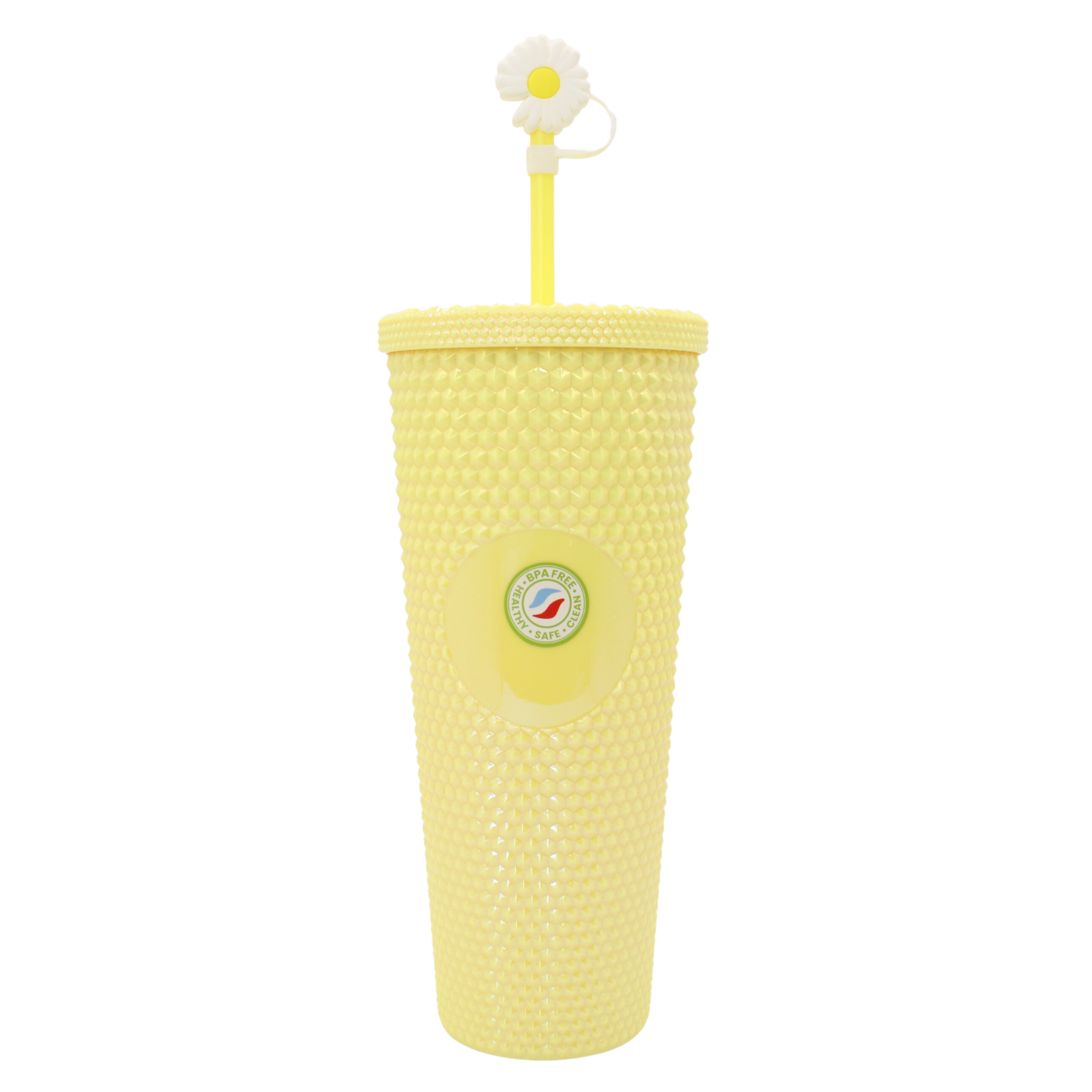 Yellow 27oz acrylic double-wall tumbler with diamond texture, daisy-topped straw, and round logo badge.