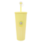 Yellow 27oz acrylic double-wall tumbler with diamond texture, daisy-topped straw, and round logo badge.