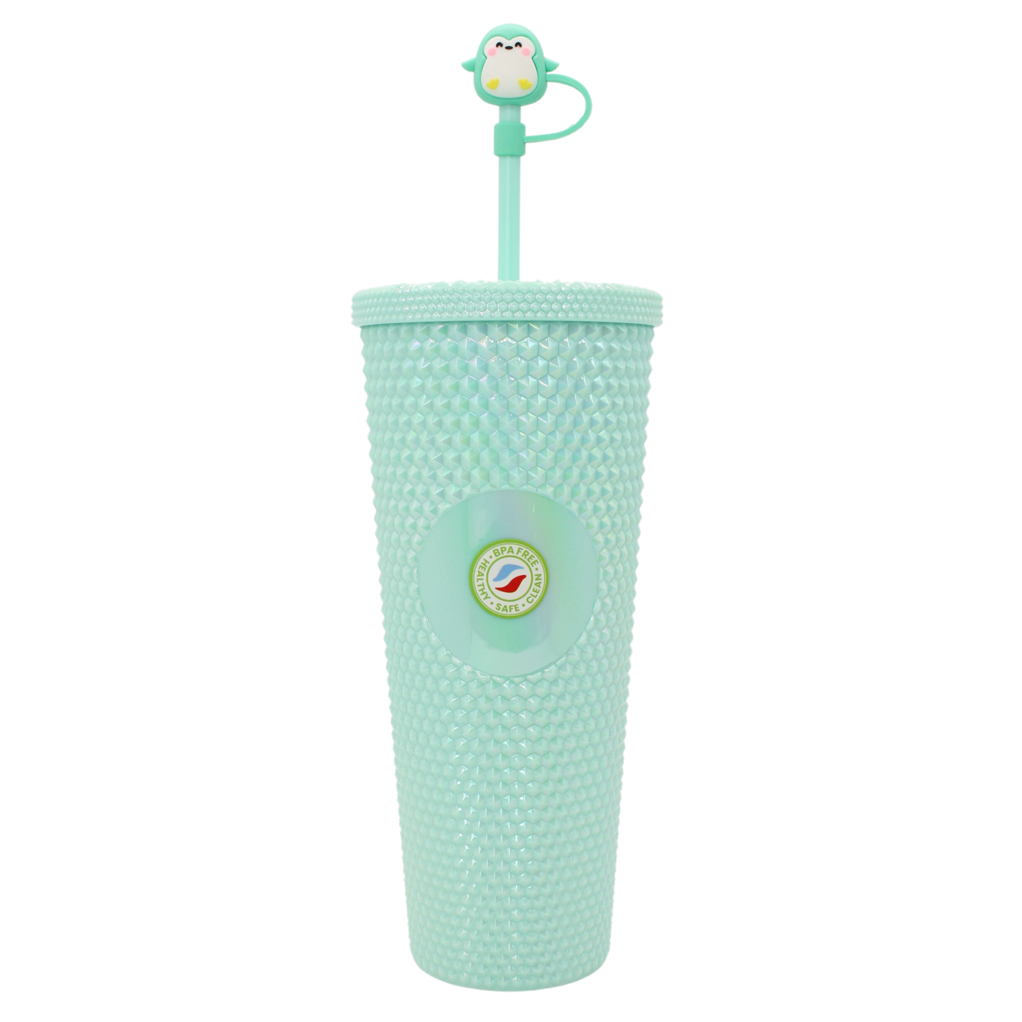 Mint green 27oz double-wall acrylic tumbler with diamond texture, matching lid, and monkey straw topper.