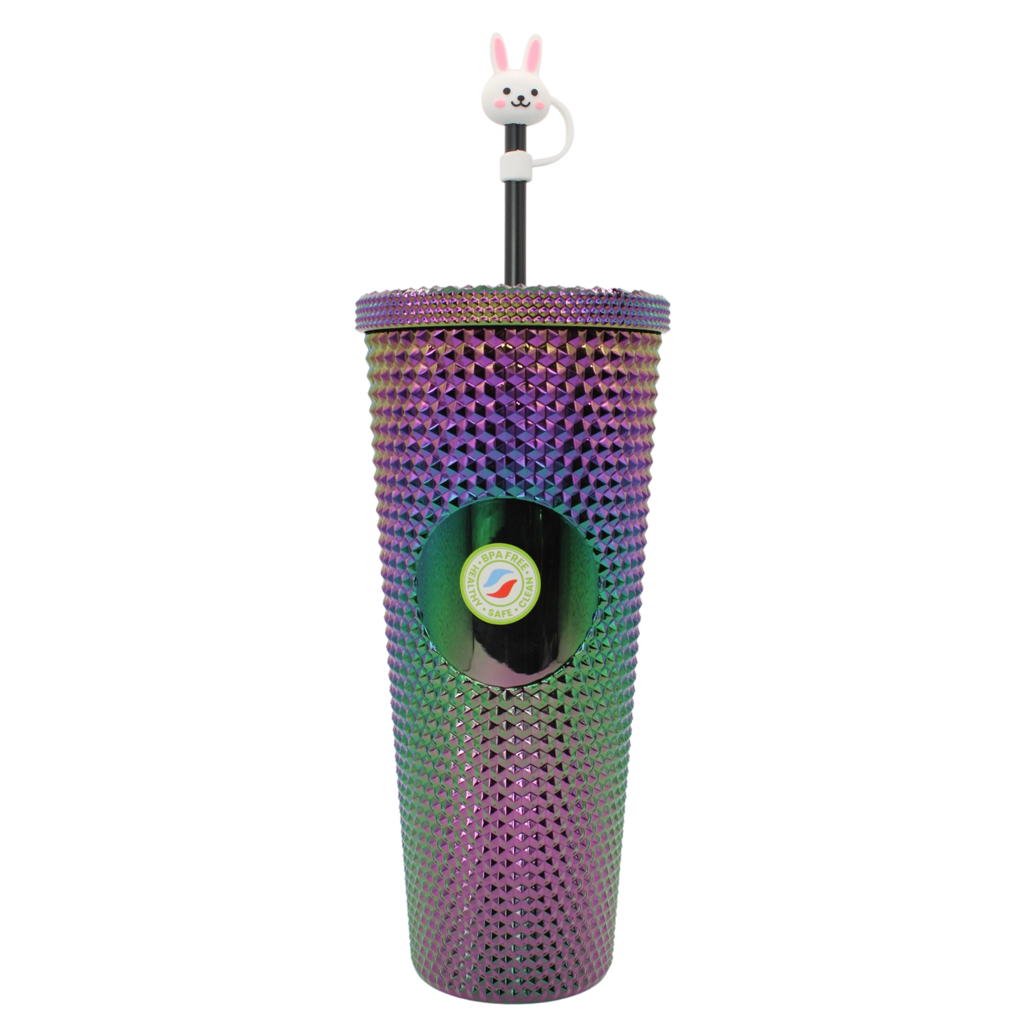 27oz purple diamond-patterned acrylic tumbler with double wall, black lid, and bunny-topped straw.