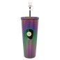 27oz purple diamond-patterned acrylic tumbler with double wall, black lid, and bunny-topped straw.