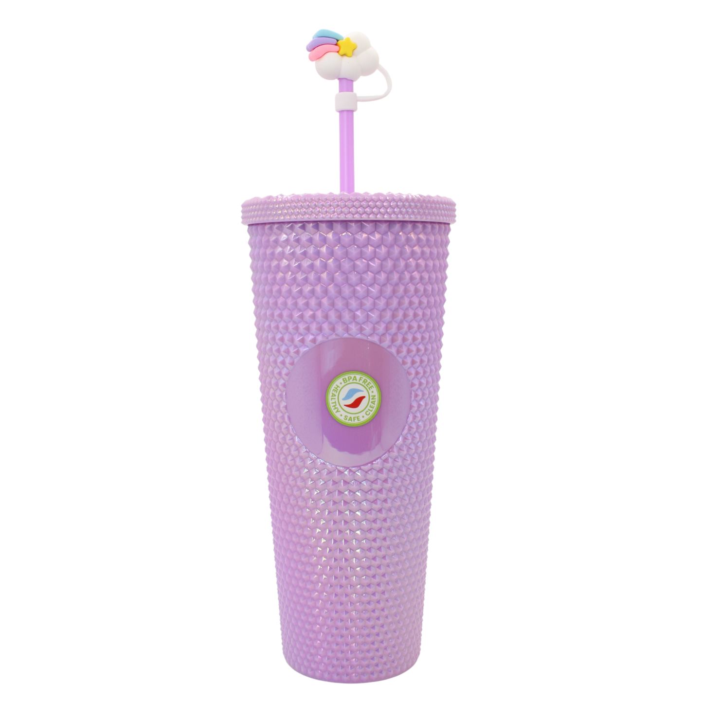 Lilac double-walled 27oz acrylic tumbler with textured diamond pattern and unicorn straw topper.