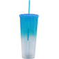 Tall blue-to-clear gradient tumbler with textured diamond pattern, matching lid, and blue straw.