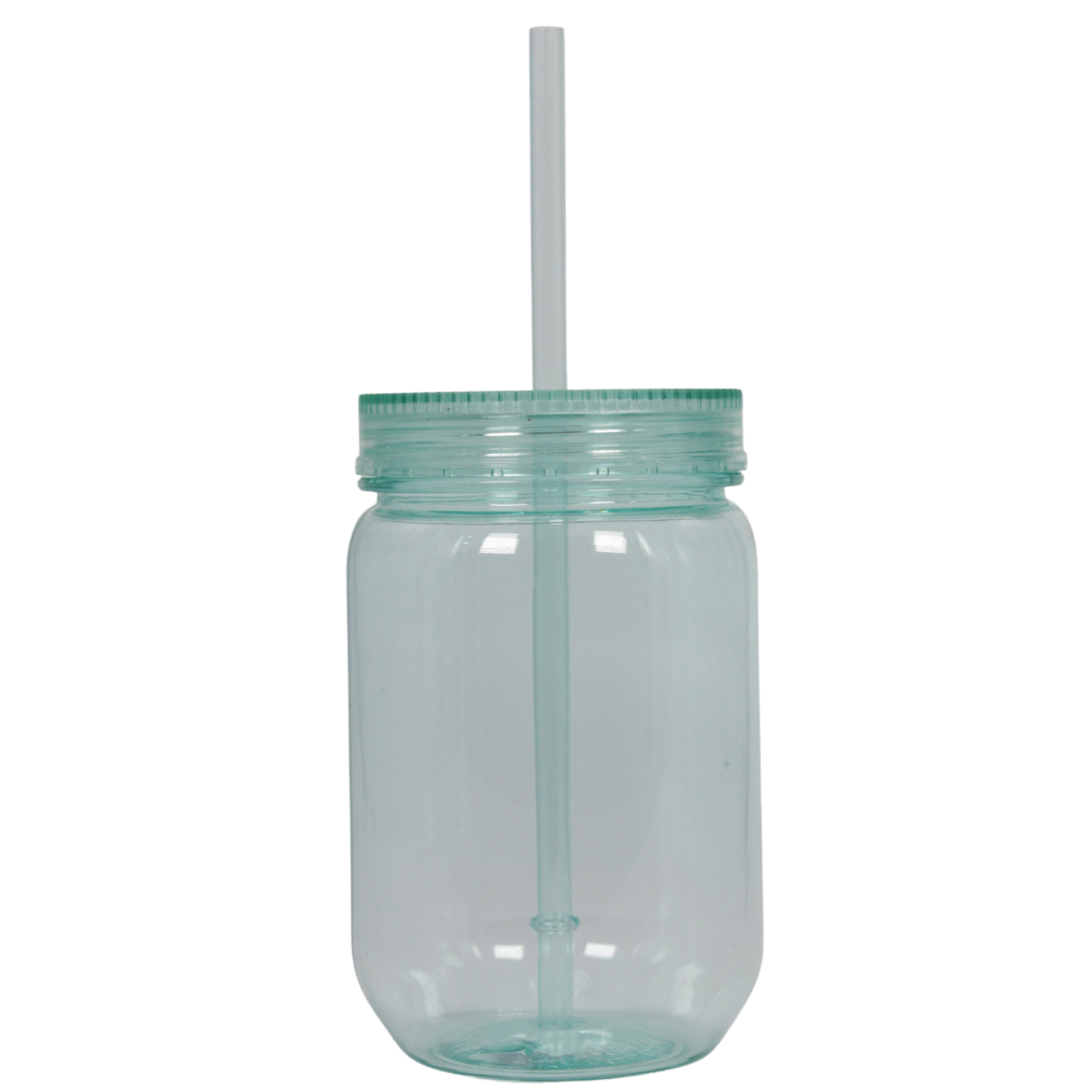 Translucent mint green 20oz acrylic mason jar with matching lid and straw for cold drinks.