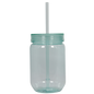 Translucent mint green 20oz acrylic mason jar with matching lid and straw for cold drinks.