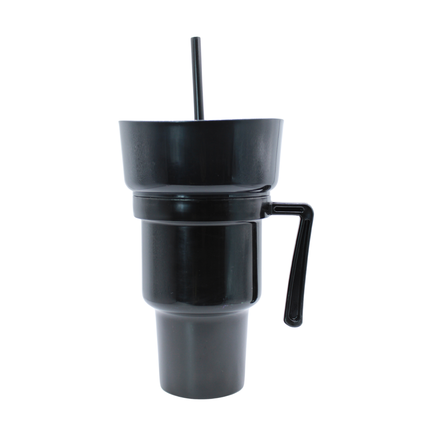 Black 950ml plastic party cup with handle, lid, and straw.
