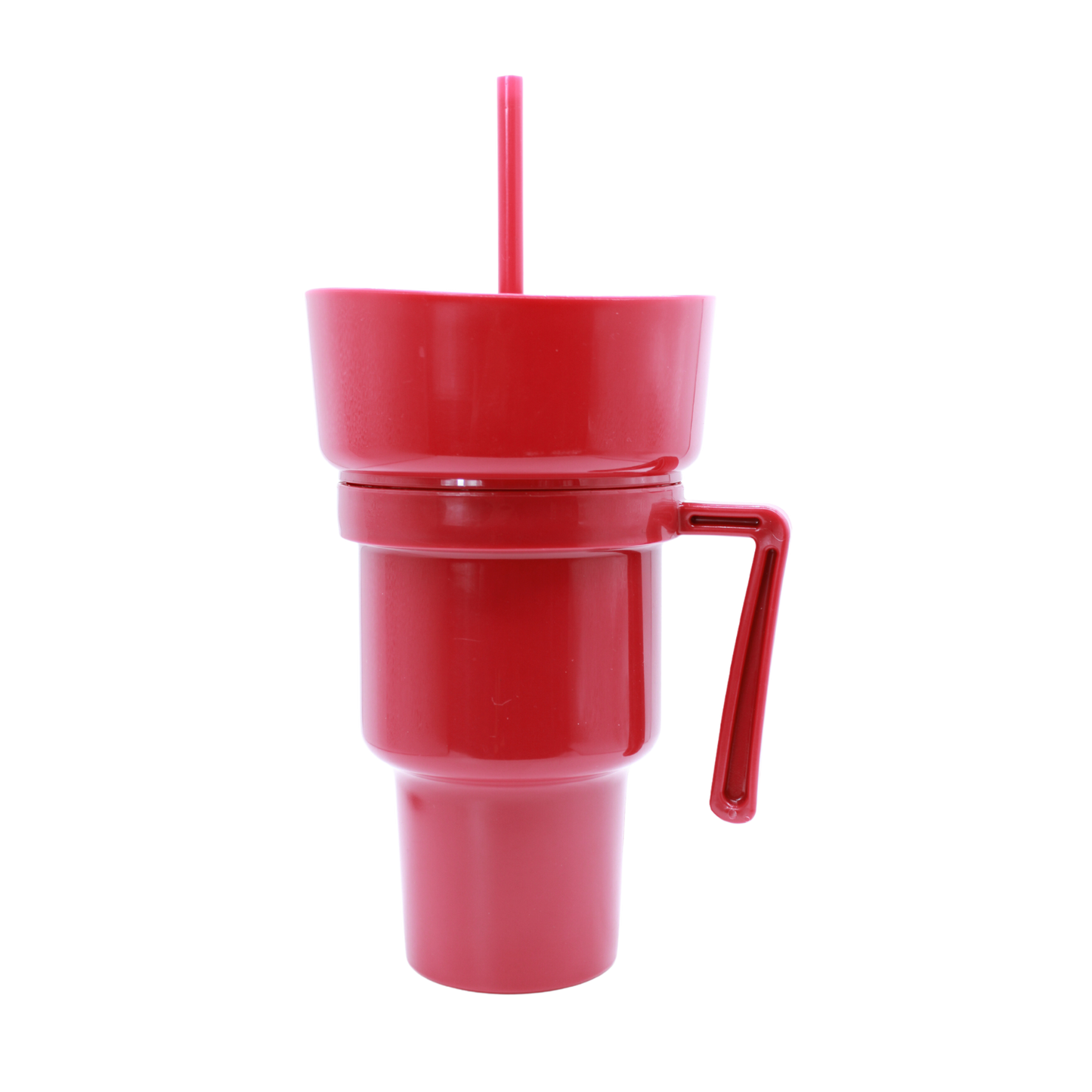 Red plastic 950ml party cup with handle, matching lid, and reusable straw.