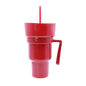 Red plastic 950ml party cup with handle, matching lid, and reusable straw.