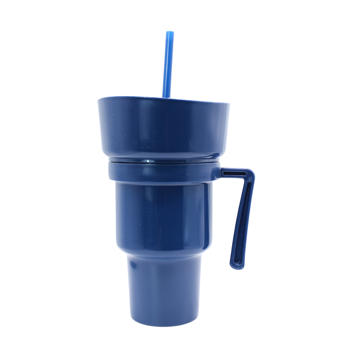 Navy blue plastic party cup with handle, lid, and matching striped straw.