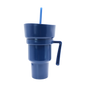 Navy blue plastic party cup with handle, lid, and matching striped straw.