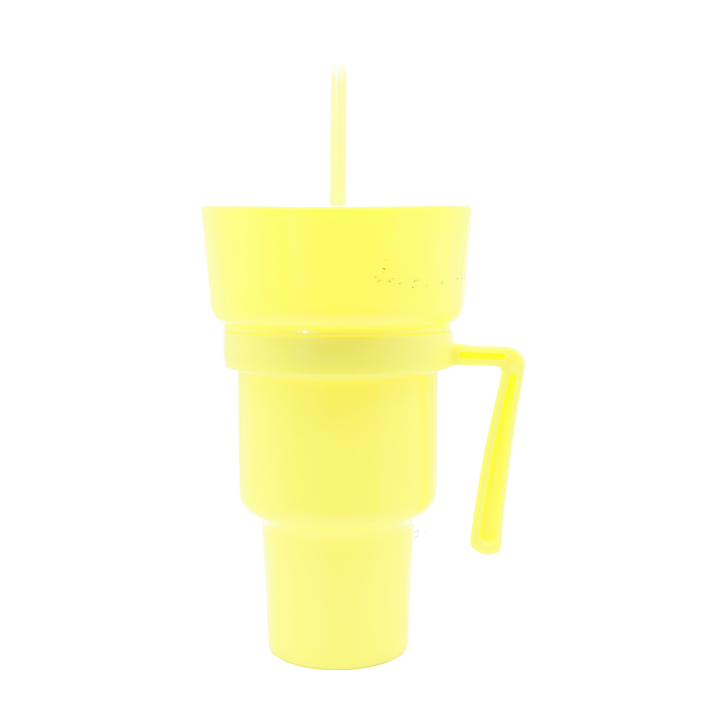 Bright yellow 950ml plastic cup with lid, handle, and matching straw for parties.