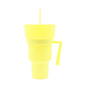 Bright yellow 950ml plastic cup with lid, handle, and matching straw for parties.