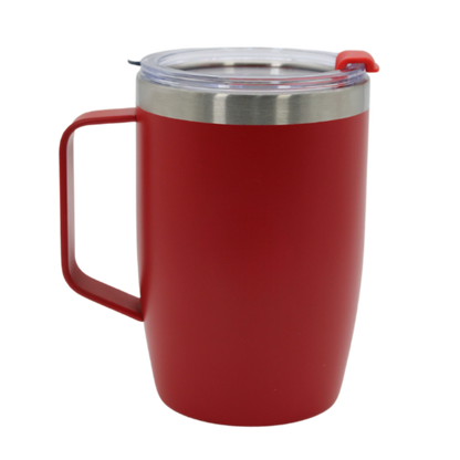 Red stainless steel thermal mug with handle and clear plastic lid with red slide closure.