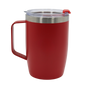 Red stainless steel thermal mug with handle and clear plastic lid with red slide closure.