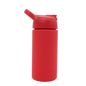 Red reusable acrylic thermal bottle with flip-top spout and textured grip lid.