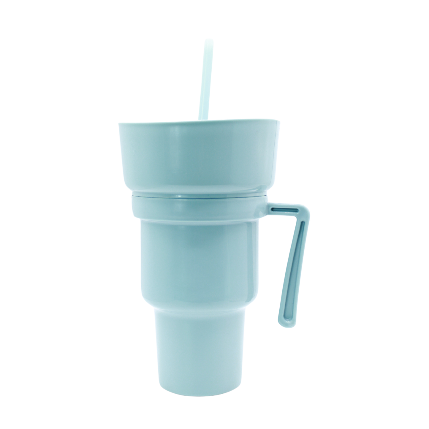 Light blue 950ml plastic party cup with handle, lid, and matching straw.