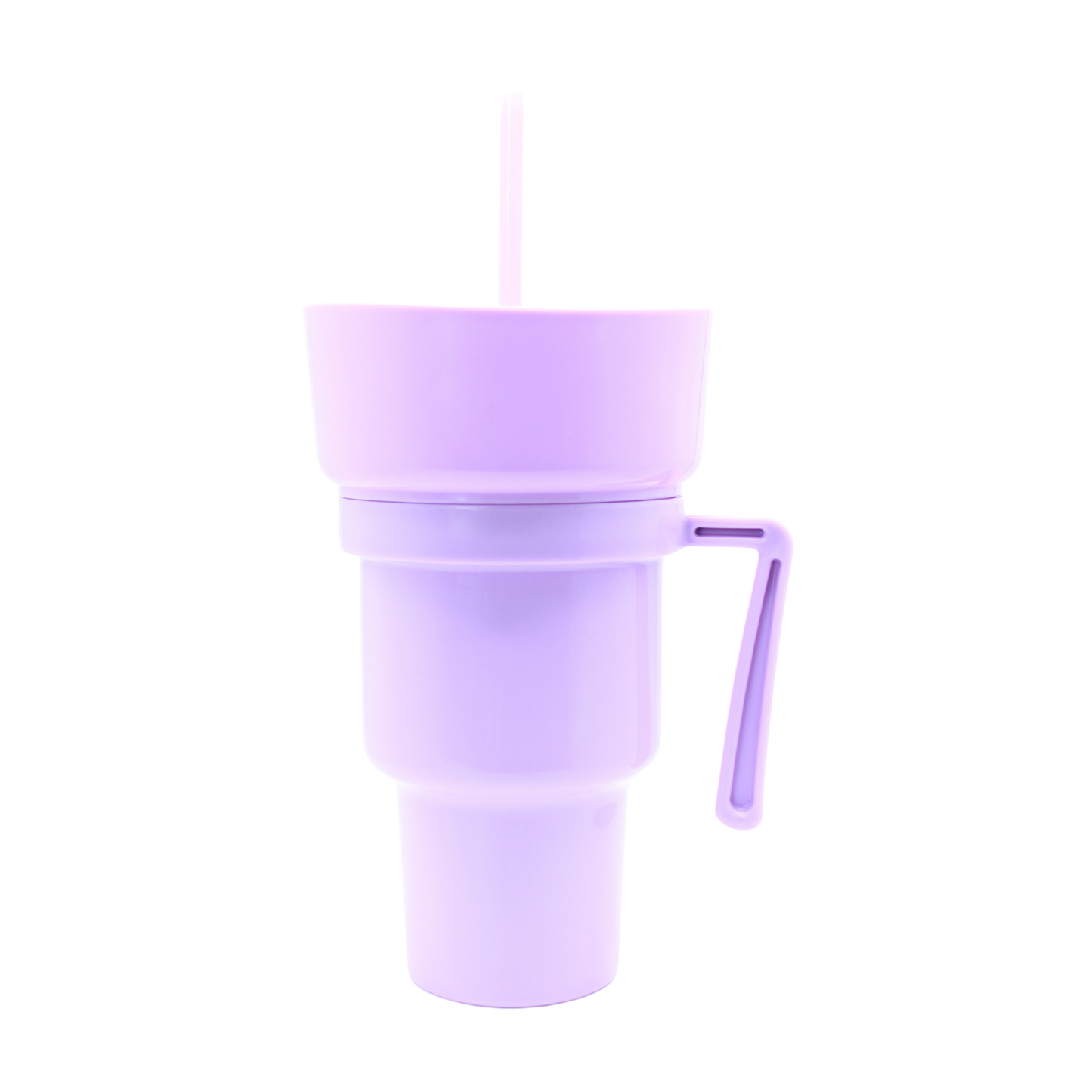 Lilac 950ml plastic party cup with matching lid, handle, and straw.
