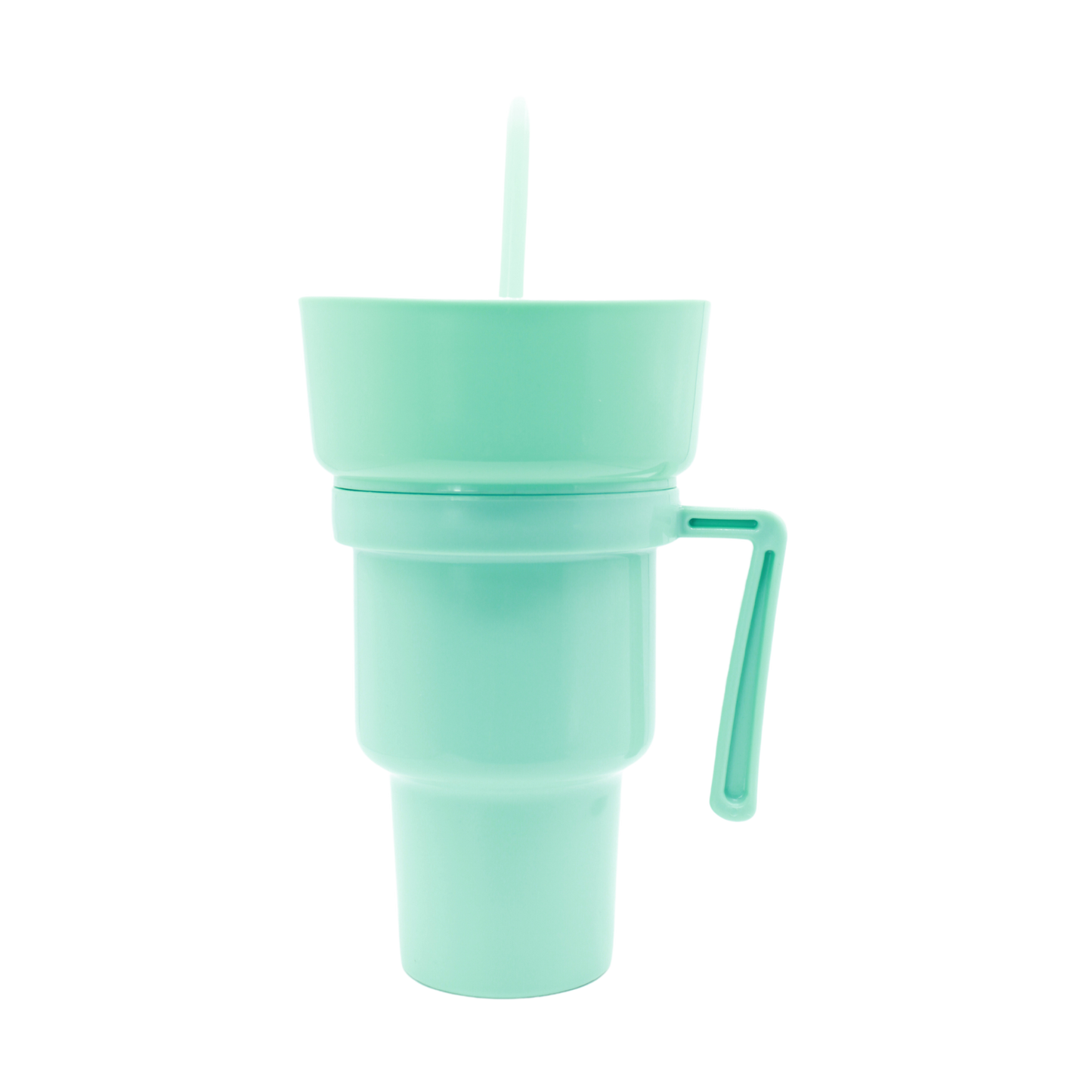 Mint green plastic party cup with handle, matching lid, and straw, 950ml capacity.