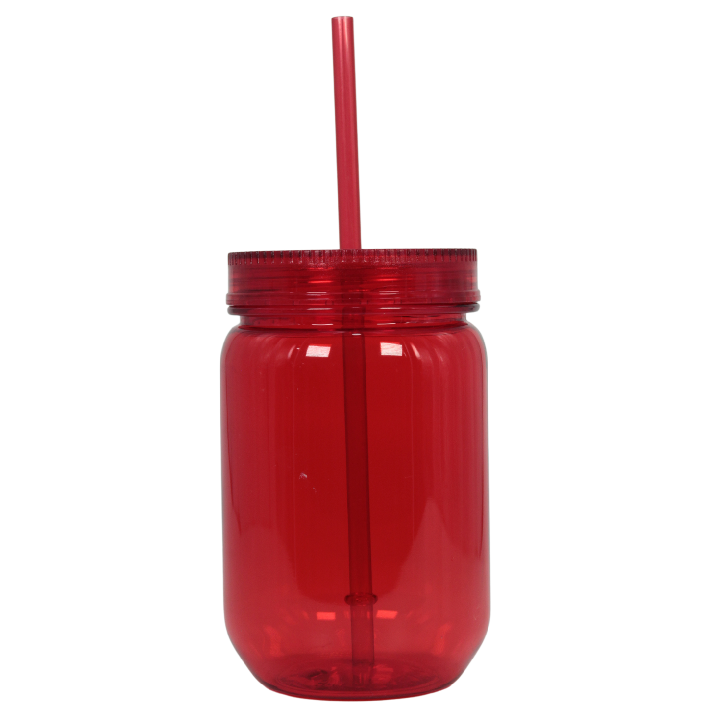 Red translucent acrylic mason jar with matching lid and reusable straw.